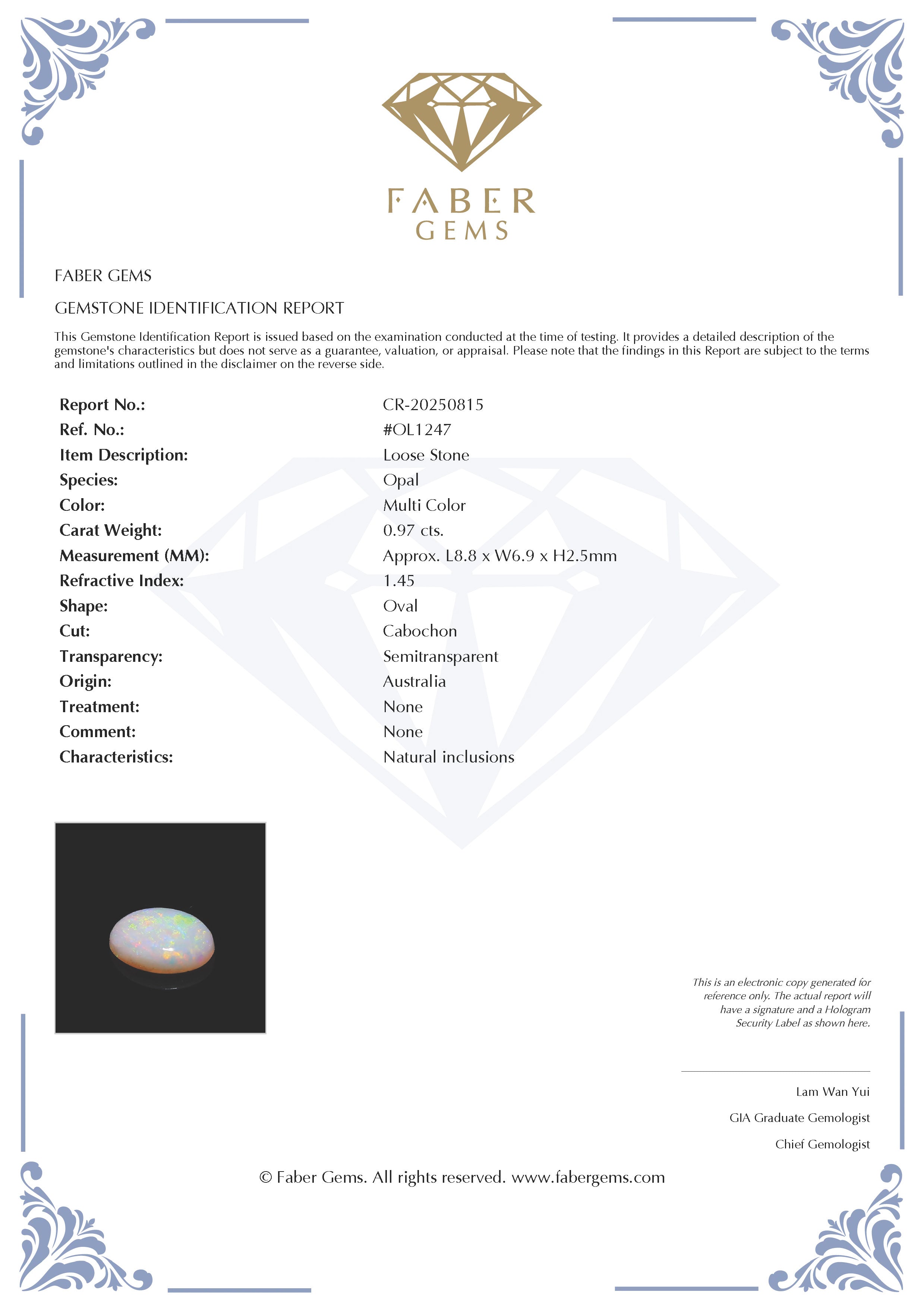 0.97 Ct. Australian Legacy Opal #OL1247