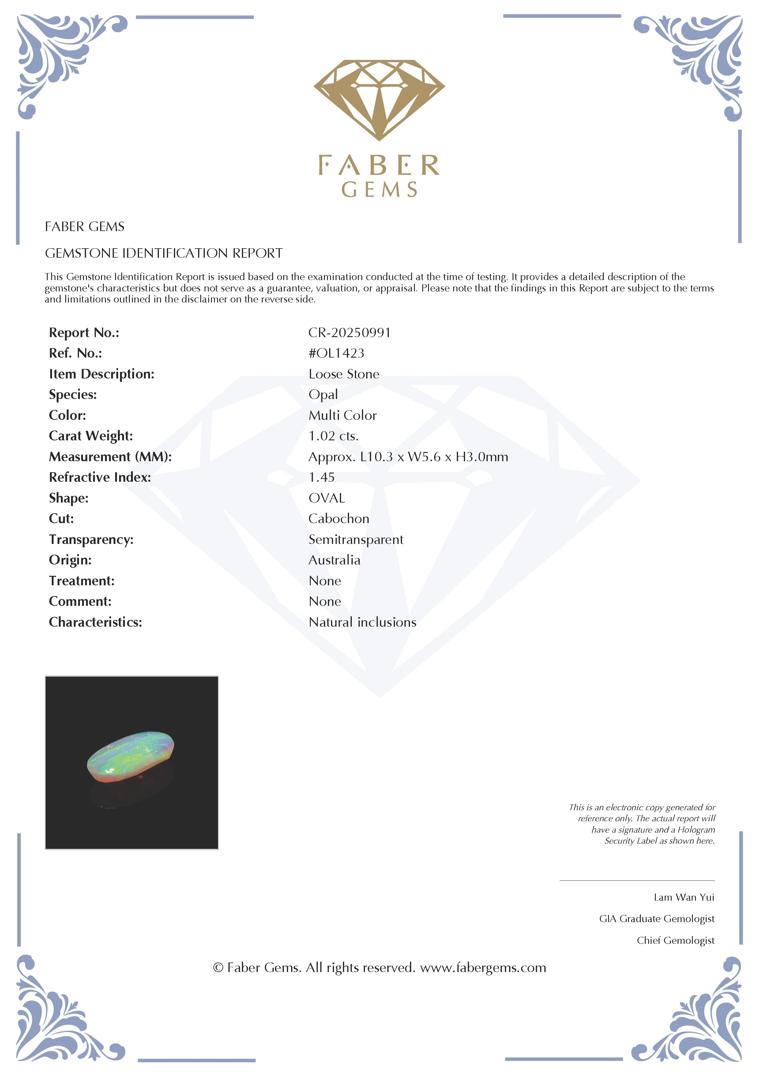 1.02 Ct. Australian Legacy Opal #OL1423