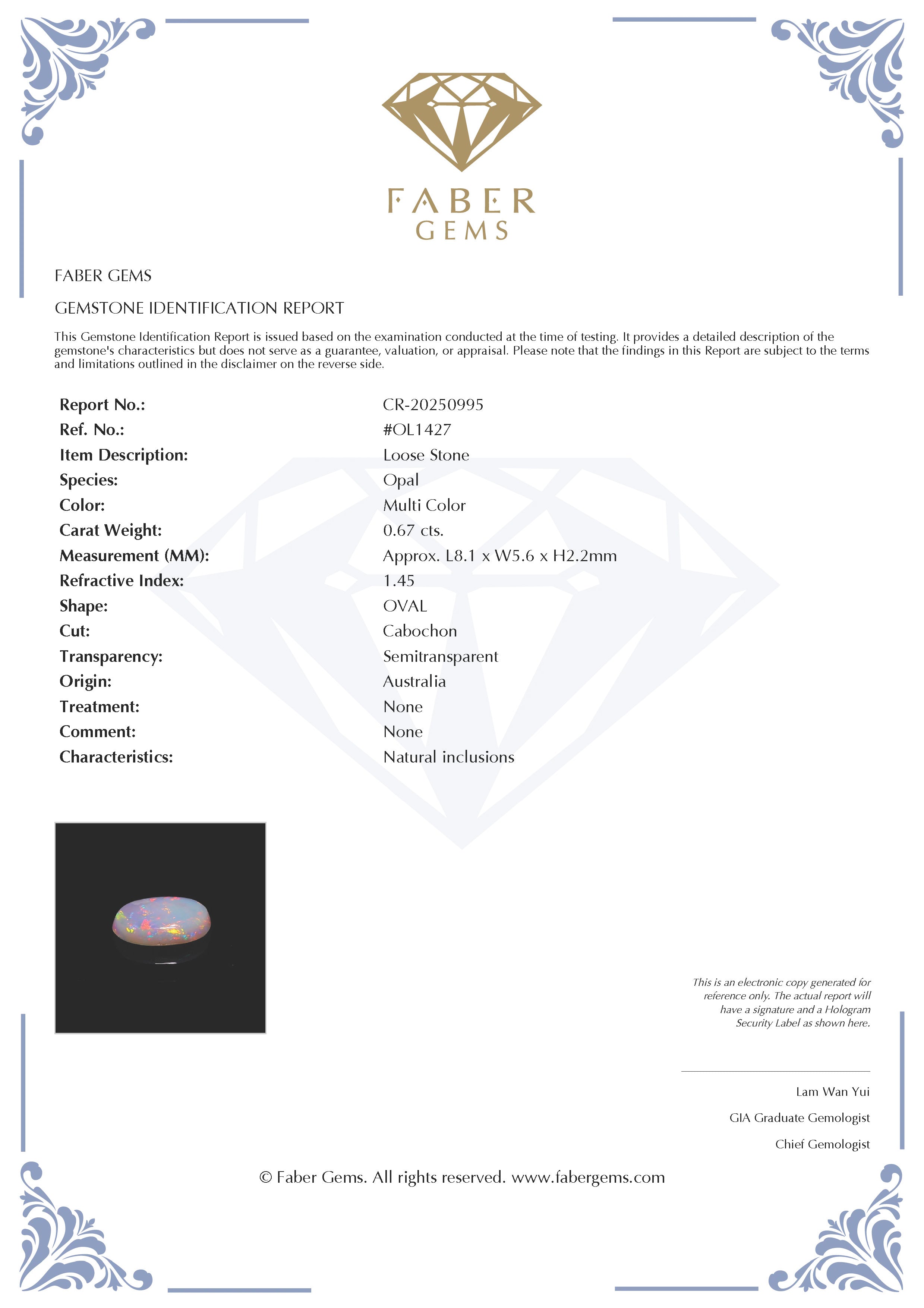 0.67 Ct. Australian Legacy Opal #OL1427