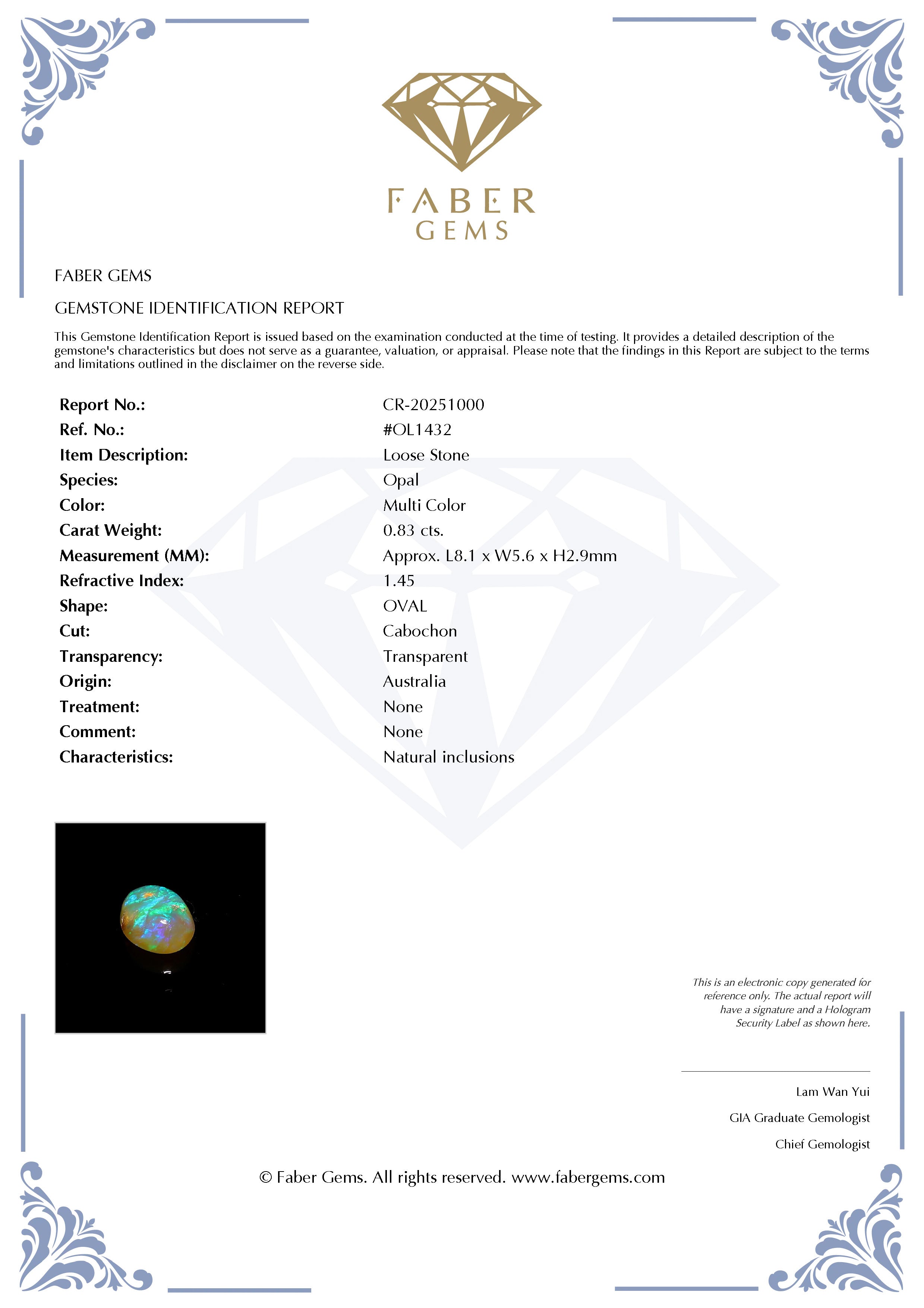 0.83 Ct. Australian Legacy Opal #OL1432