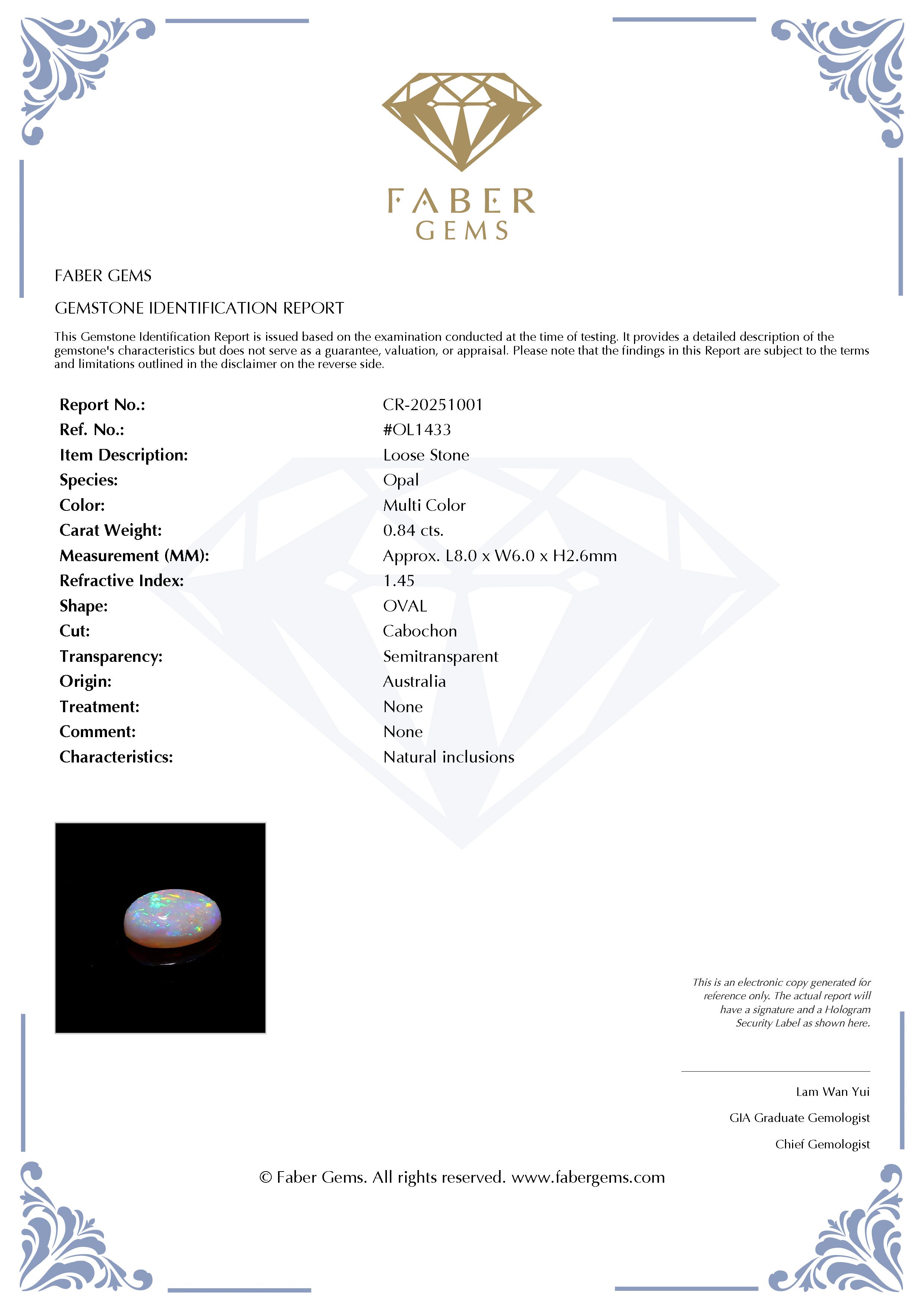 0.84 Ct. Australian Legacy Opal #OL1433