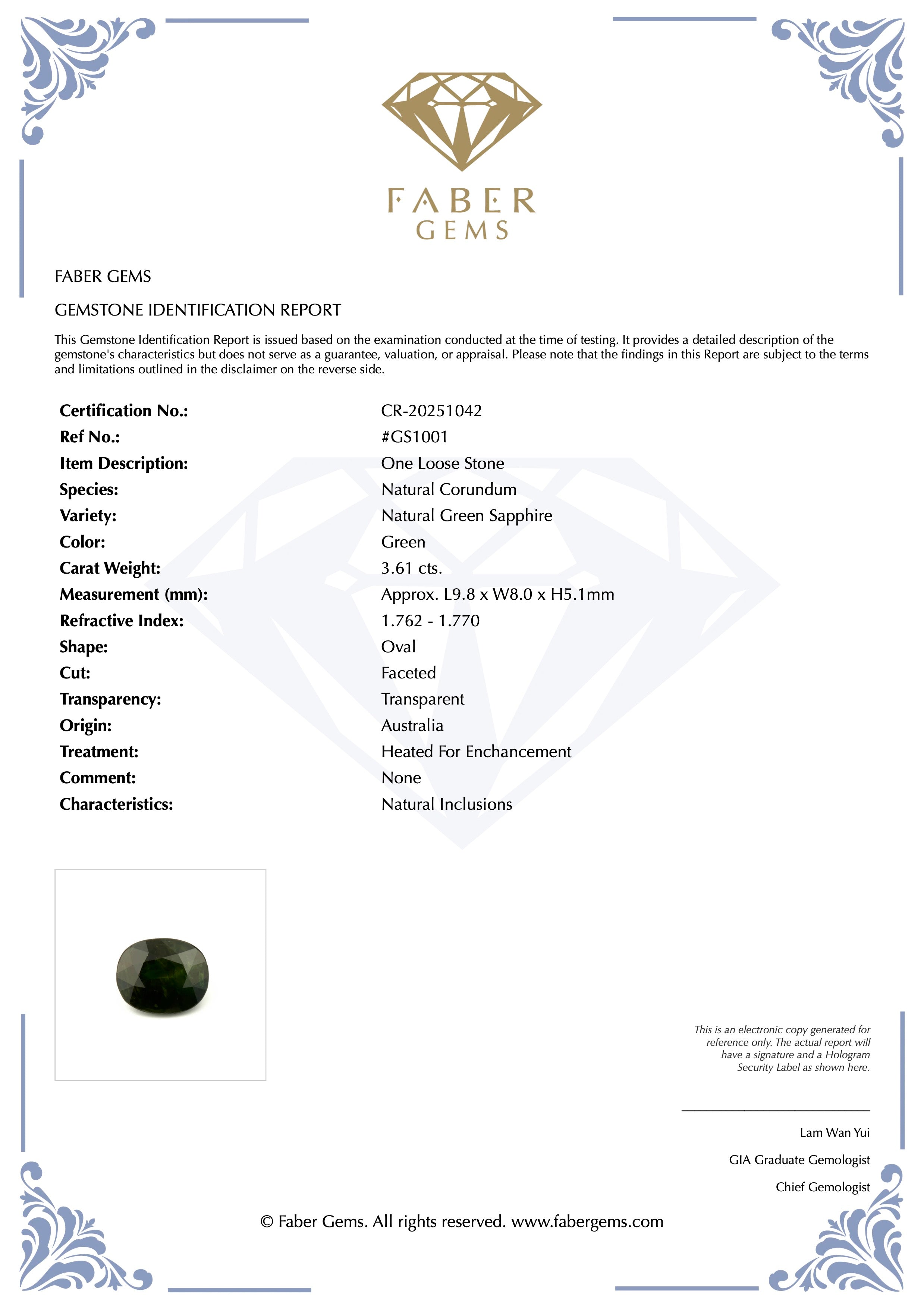 3.61 Ct. Natural Green Sapphire from Australia #GS1001