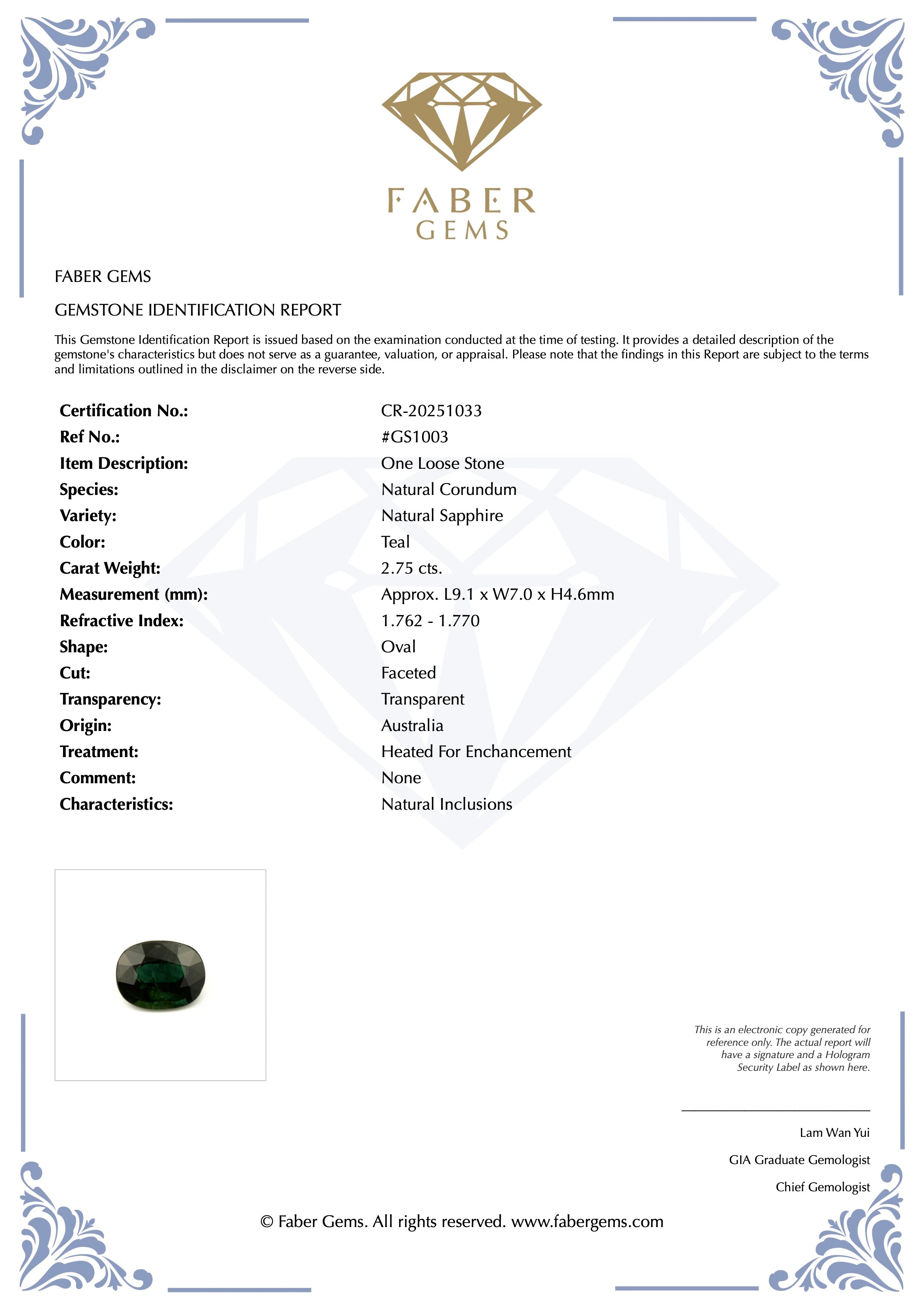 2.75 Ct. Natural Teal Sapphire from Australia #GS1003