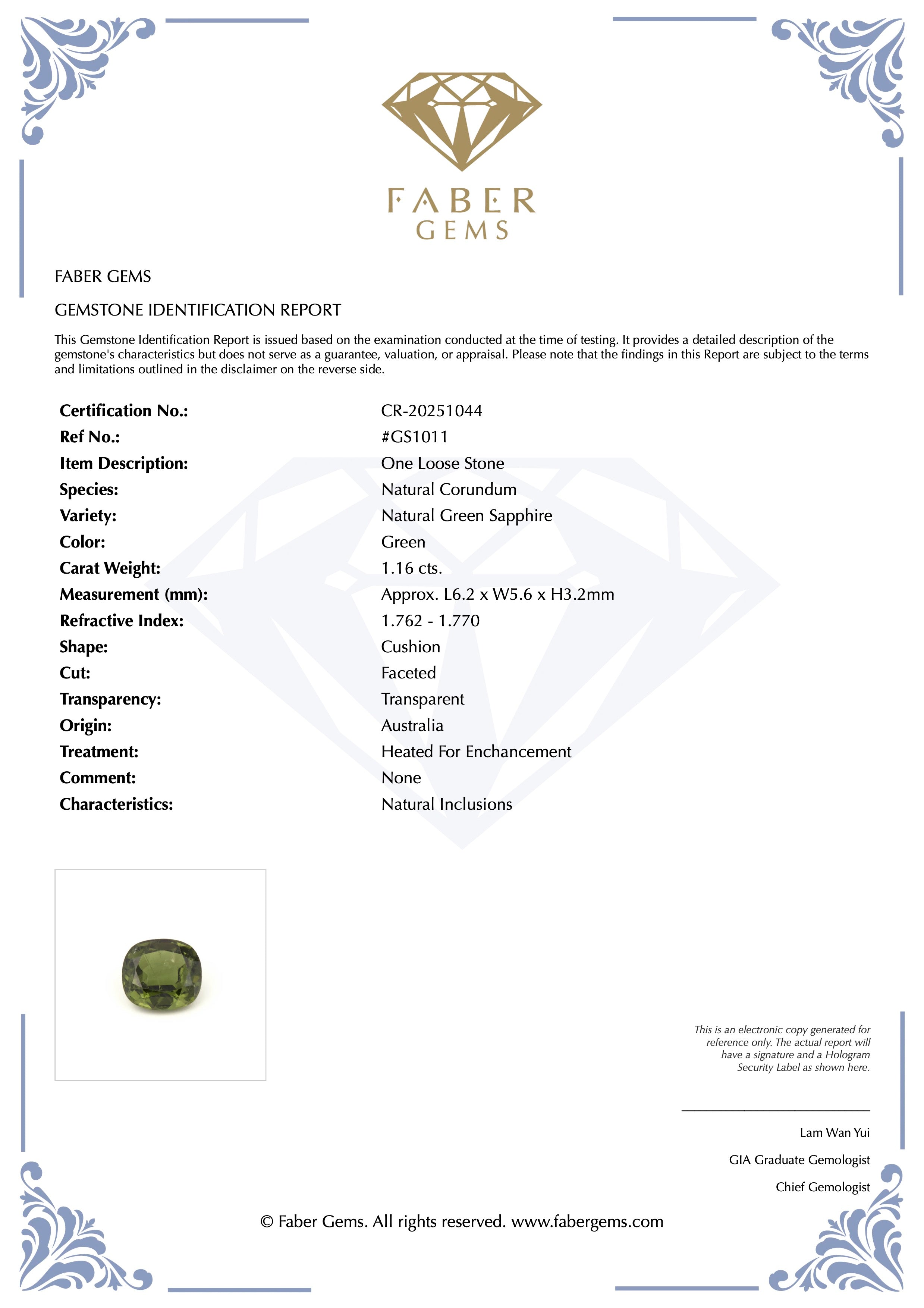 1.16 Ct. Super Rare Natural Lime Green Sapphire from Australia #GS1011