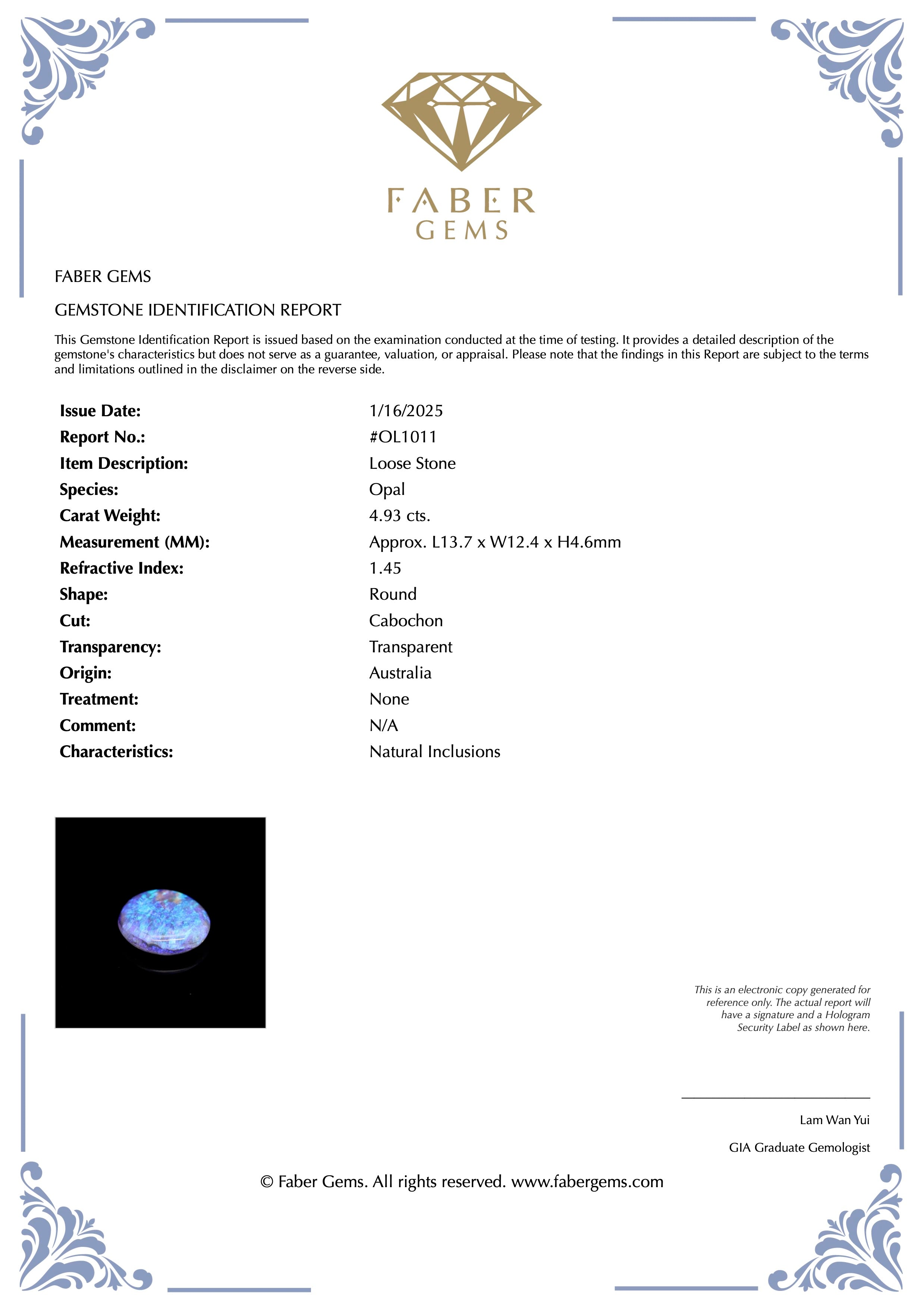 4.93 Ct. Australian Legacy Opal #OL1011